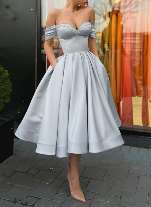 Off Shoulder Silver Satin Tea Length Prom Dresses with Sequins