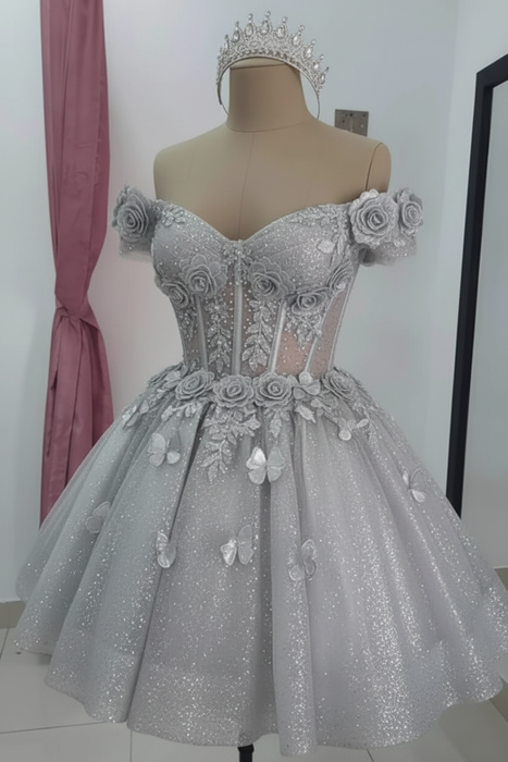 Silver Sparkly Off Shoulder Tulle Homecoming Dresses Short 