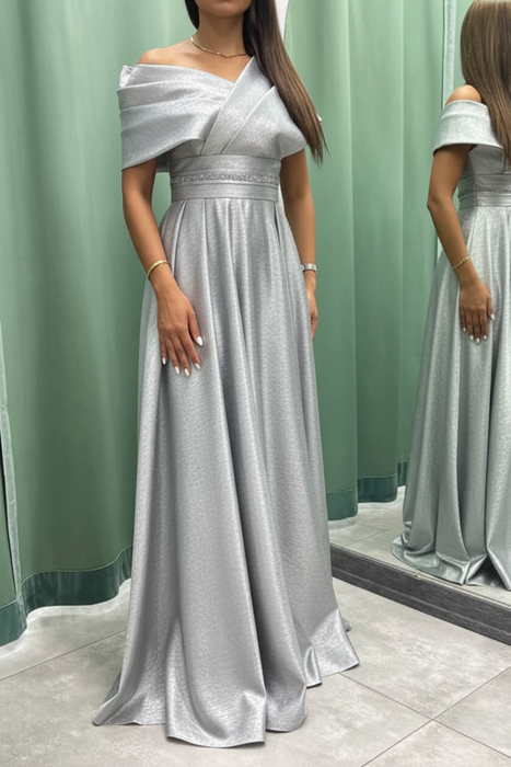 Silver Elegant Off-the-Shoulder Long Evening Dress Pleated