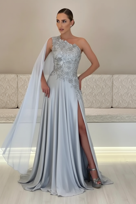 Silver One-Shoulder Sleeveless Chiffon Evening Dresses Long with Side Slit - Prom Dresses