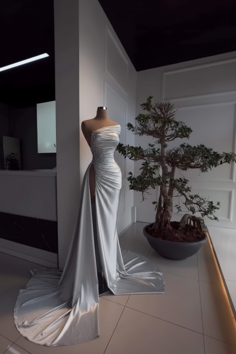 Silver Pearl Strapless Prom Dress with Long Slit