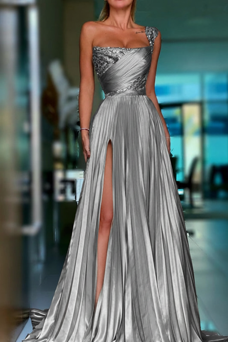 Silver Pleated A-Line One Shoulder Prom Dress Gown with Front Split - Prom Dresses