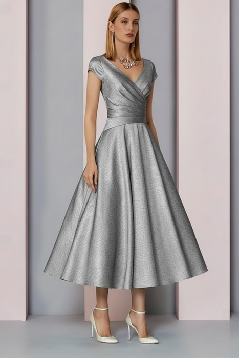 Silver Satin A-Line Mother of the Bride Dress V Neck Tea Length Wedding Guest Dress - Prom Dresses