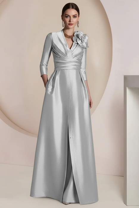 Silver Satin V-Neck Mother of the Bride Dress with 3/4 Sleeves with Split Front
