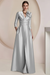 Silver Satin V-Neck Mother of the Bride Dress with 3/4 Sleeves with Split Front