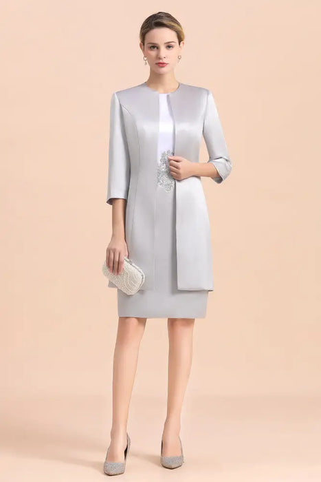 Silver Short Mother Of the Bride Dress Knee-Length Two Pieces Wedding Guest Outfits - Prom Dresses