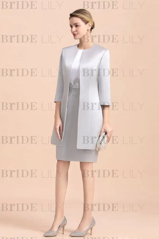 Silver Short Mother Of the Bride Dress Knee-Length Two Pieces Wedding Guest Outfits - Prom Dresses