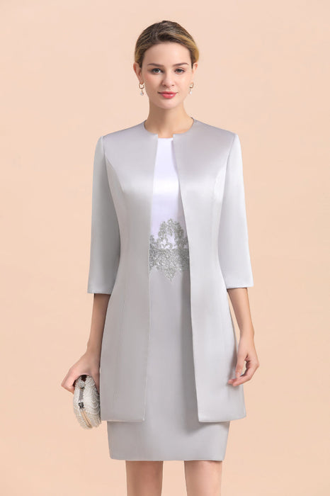 Silver Short Mother Of the Bride Dress Knee-Length Two Pieces Wedding Guest Outfits - Prom Dresses