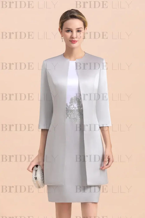 Silver Short Mother Of the Bride Dress Knee-Length Two Pieces Wedding Guest Outfits - Prom Dresses