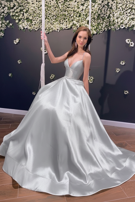Silver Simple A Line V Neck Backless Yellow Long Prom Dresses