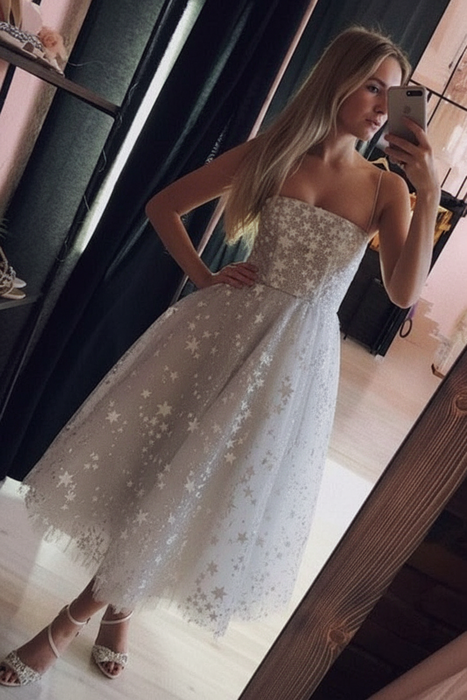 Silver Spaghetti Strap Tea Length Tulle Homecoming Dress Midi Prom Dresses - Prom Dresses