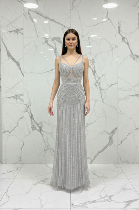 Silver Spaghetti Straps Beaded Illusion Prom Dress with Overskirt