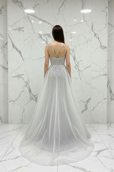 Silver Spaghetti Straps Beaded Illusion Prom Dress with Overskirt