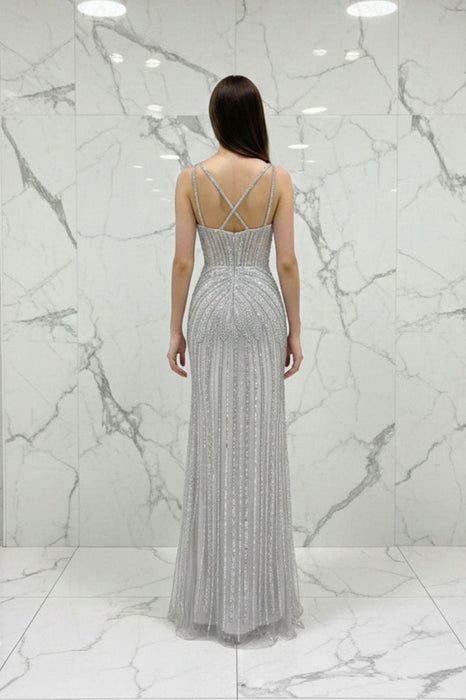 Silver Spaghetti Straps Beaded Illusion Prom Dress with Overskirt