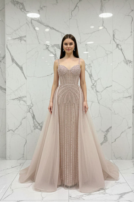 Silver Spaghetti Straps Beaded Illusion Prom Dress with Overskirt