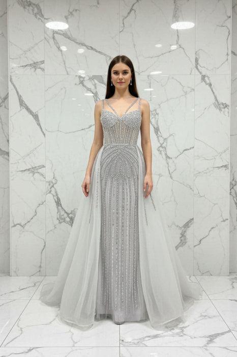 Silver Spaghetti Straps Beaded Illusion Prom Dress with Overskirt