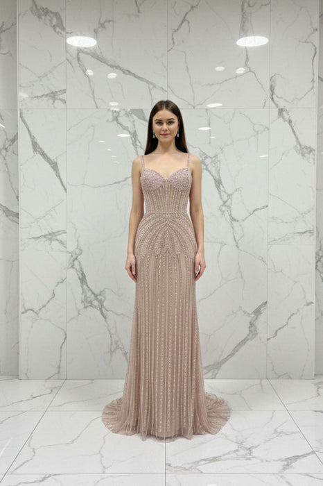 Silver Spaghetti Straps Beaded Illusion Prom Dress with Overskirt