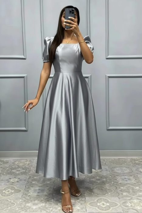 Silver Square Neck A-Line Prom Dress with Short Sleeves