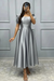 Silver Square Neck A-Line Prom Dress with Short Sleeves