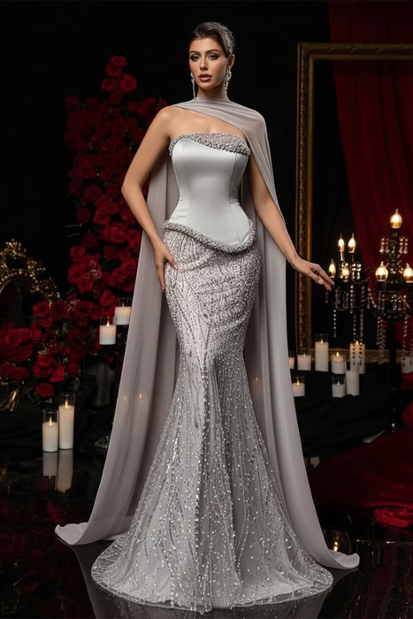 Silver Charming Strapless Beadings Satin Prom Dress Mermaid with Cape