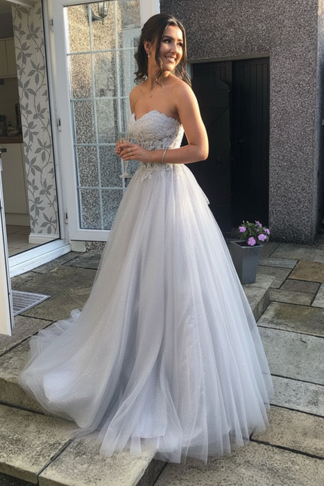 Silver Sweetheart Neck Open Back Lace Long Prom Dresses