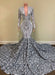 Silver V-Neck Long Sleeves Sequins Lace Mermaid Prom Dress with Flower Bottom