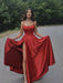 Simple A Line Dark Red Satin Long Prom Dresses with High Slit, Long Dark Red Formal Graduation Evening Dresses 