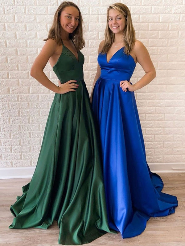 Simple A Line V Neck Backless Dark Green/Royal Blue Prom, Open Back Da —  Bridelily