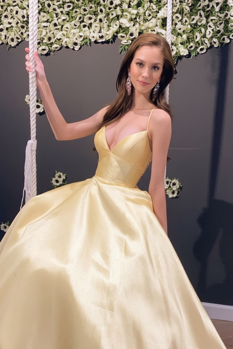 Simple A Line V Neck Backless Yellow Long Prom Dresses
