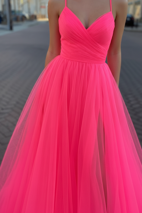 Simple A Line V Neck Coral Tulle Long Prom Dresses with High  V Neck Coral Formal Dresses, Coral Evening Dresses