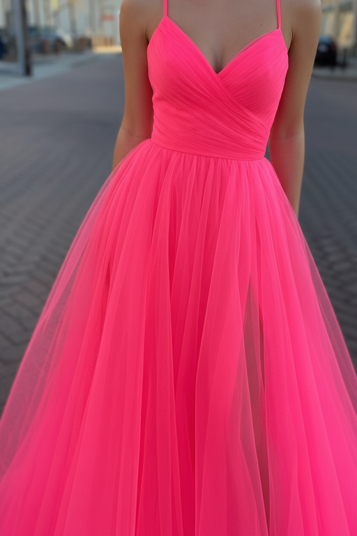 Simple A Line V Neck Coral Tulle Long Prom Dresses with High  V Neck Coral Formal Dresses, Coral Evening Dresses