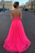 Simple A Line V Neck Fuchsia Tulle Long Prom Dresses with High  Split