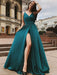 Simple A Line V Neck Green/Burgundy Long Prom Dresses with High Slit, V Neck Green/Burgundy Formal Graduation Evening Dresses