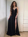 Simple A Line V Neck Long Black Prom Dresses with High Slit, V Neck Black Formal Graduation Evening Dresses
