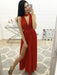 Simple A Line V Neck Red Chiffon Long Prom Dresses with Slit, V Neck Red Formal Dresses, Red Evening Dresses