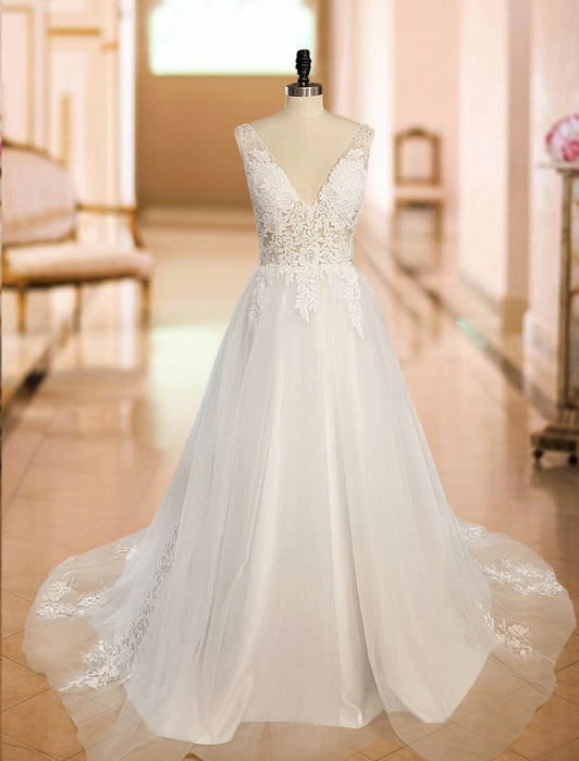 simple wedding dress 2021 a line v neck straps sleeveless lace appliqued tulle bridal gown
