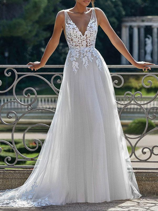 simple wedding dress 2021 a line v neck straps sleeveless lace appliqued tulle bridal gown