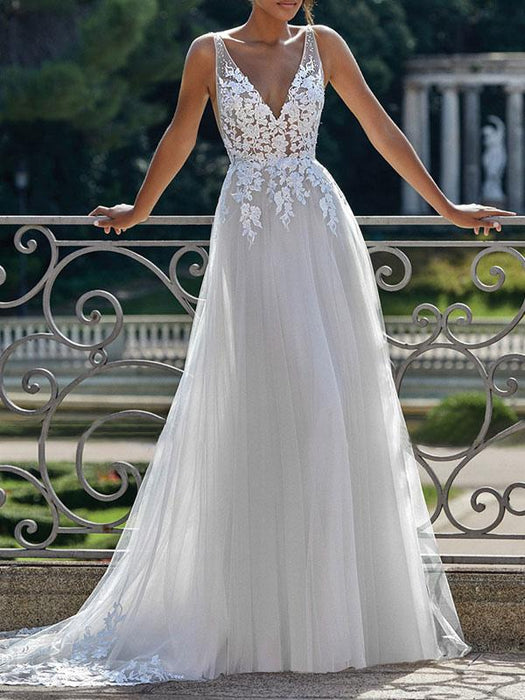 simple wedding dress 2021 a line v neck straps sleeveless lace appliqued tulle bridal gown