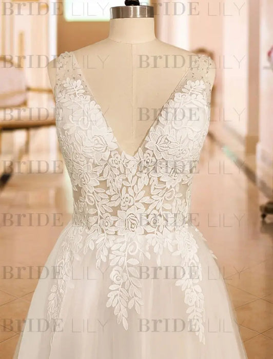 simple wedding dress 2021 a line v neck straps sleeveless lace appliqued tulle bridal gown