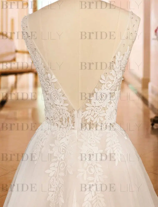 simple wedding dress 2021 a line v neck straps sleeveless lace appliqued tulle bridal gown