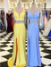 Simple Blue/Yellow Mermaid Two Pieces Satin Long Prom Dresses with Leg Slit, Two Pieces Blue/Yellow Formal Dresses, Evening Dresses