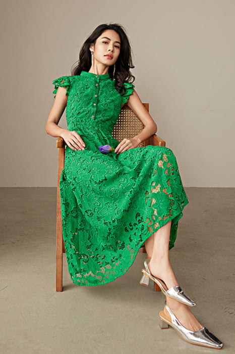 Simple Cap Sleeves Aline Green Lace Dress Tea Length Casual Wear Dress - Dresses