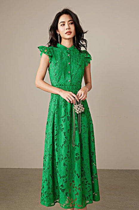 Simple Cap Sleeves Aline Green Lace Dress Tea Length Casual Wear Dress - Dresses