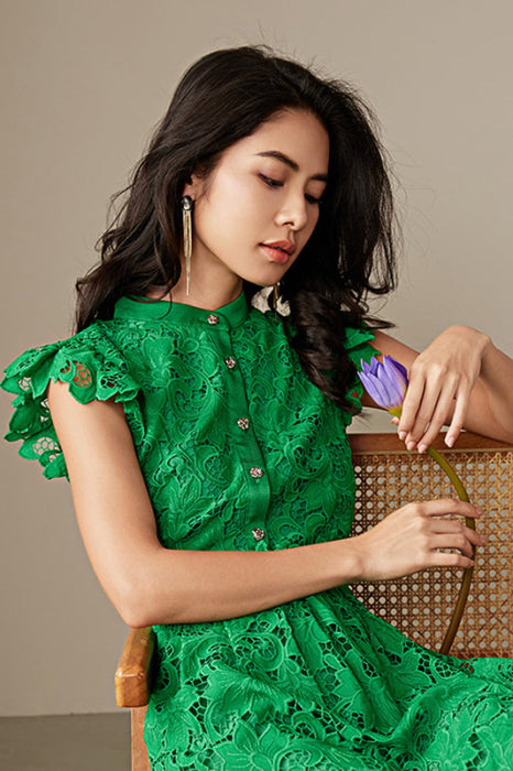 Simple Cap Sleeves Aline Green Lace Dress Tea Length Casual Wear Dress - Dresses