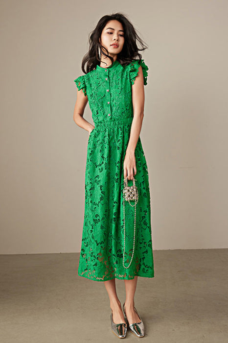 Simple Cap Sleeves Aline Green Lace Dress Tea Length Casual Wear Dress - Green / S - Dresses