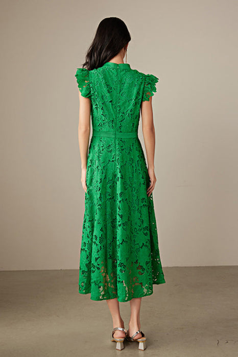 Simple Cap Sleeves Aline Green Lace Dress Tea Length Casual Wear Dress - Dresses