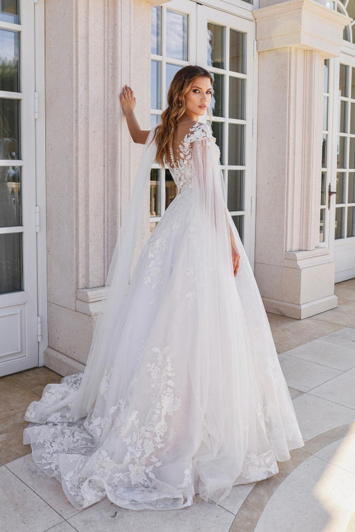 Off-the-Shoulder Lace A-Line Wedding Dresses Sweetheart Tulle Appliques Bridal Dress with Cape - Wedding Dresses