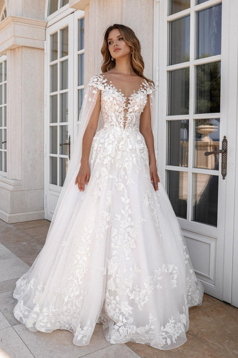 Off-the-Shoulder Lace A-Line Wedding Dresses Sweetheart Tulle Appliques Bridal Dress with Cape - Wedding Dresses