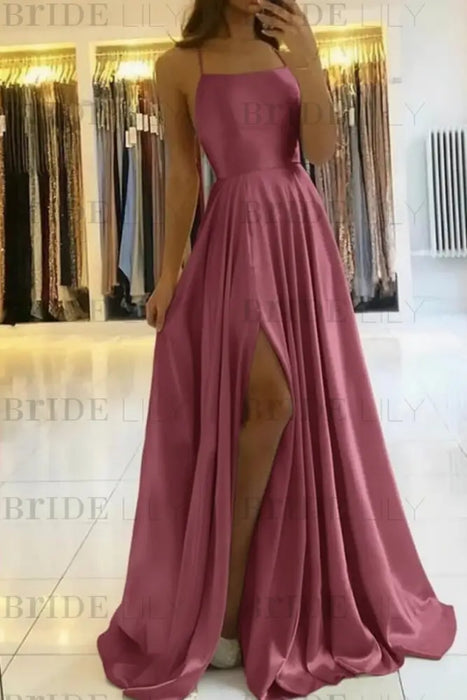 Dark Pink Satin Prom Dress With Spaghetti Straps and Slit