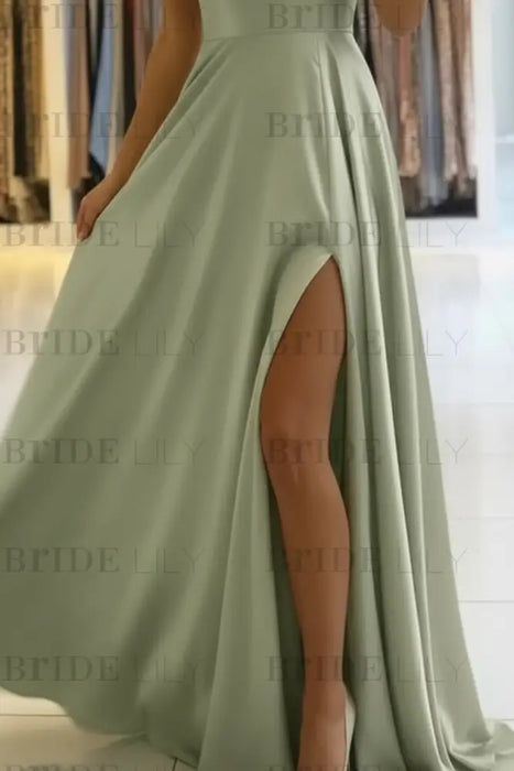 Satin Prom Dress With Spaghetti Straps and Slit